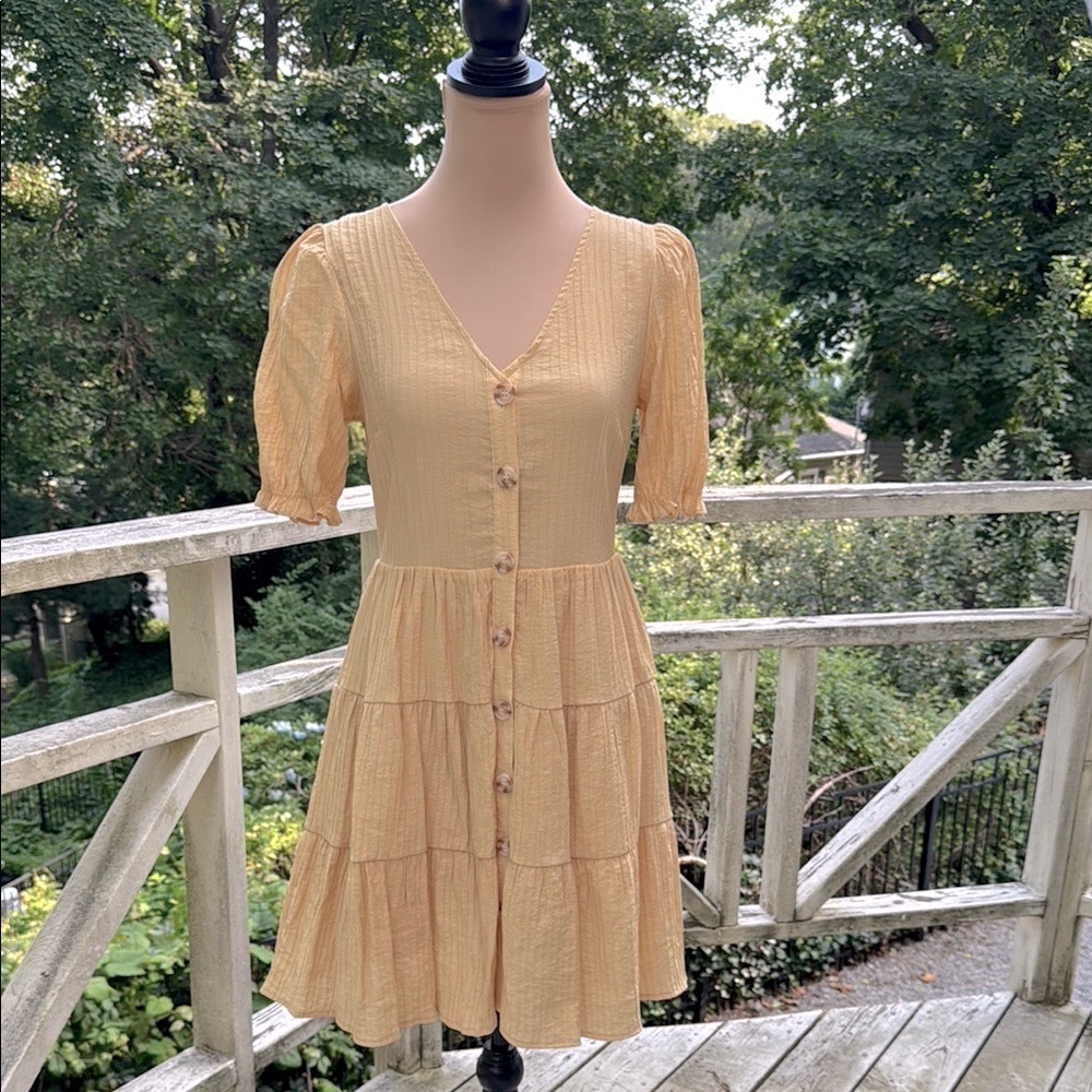 Mine Light Yellow Button-down Puff Sleeves Tiered Boho Dress Size M